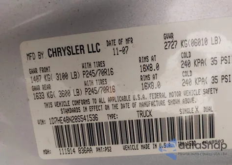 2008 Dodge Dakota Slt z USA, uszkodzony, nr VIN 1D7HE48N28S541536